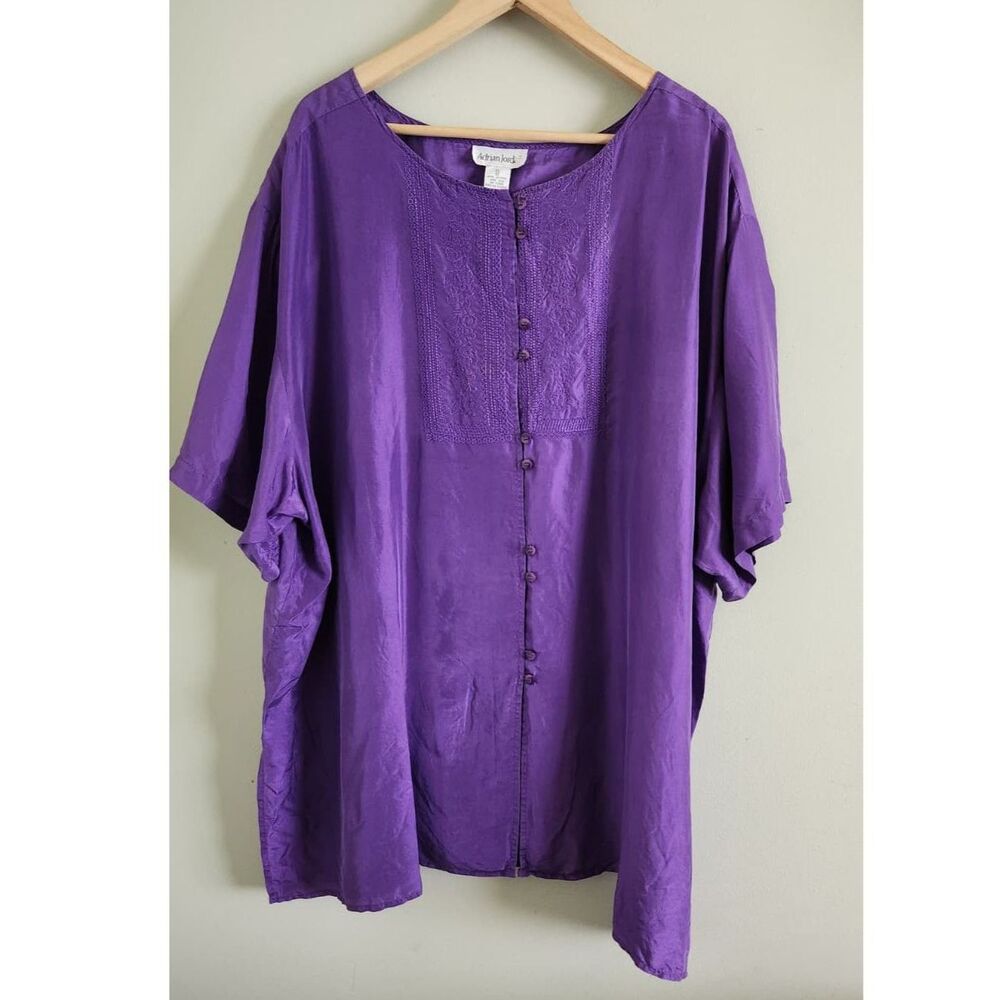 Adrian Jordan Women Top Blouse Shirt Size 30/32 Blue Shiny Silk Button Up top